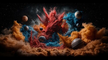 Wall Mural - Cosmic Nebula with Planets and Stars in Vibrant Colors