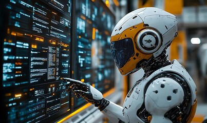 A futuristic robot with a yellow and white helmet interacts with a large screen displaying data and code in a high-tech environment.