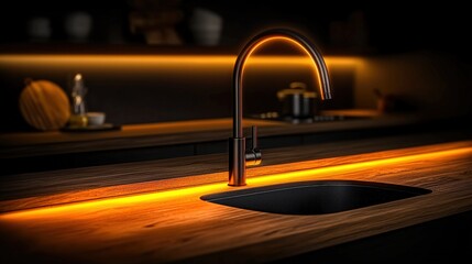 Wall Mural - Modern Kitchen Sink With Black Faucet And LED Lighting