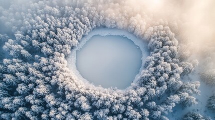 Poster - Aerial View of a Frozen Lake Surrounded by Snowy Trees