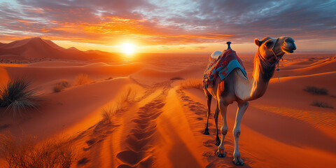 Beautiful Sahara Desert landscape with camels walking in the morning sunlight.