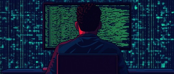 Developer writing HTML code with a green matrix-style background, hacker-like aesthetic, advanced coding scene