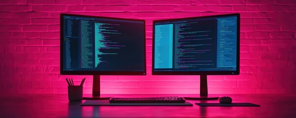 Neon-lit workspace with dual monitors showing responsive web design, coding environment, modern developer setup