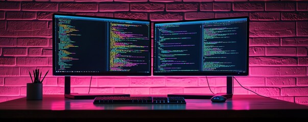 Neon-lit workspace with dual monitors showing responsive web design, coding environment, modern developer setup