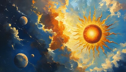 Wall Mural - Celestial Masterpiece: Sunlit Creativity in a Detailed Artistic Expression of the Universe