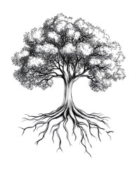 Intricate black and white tree design with detailed roots.