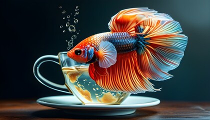 Wall Mural - Surreal Blend of Vibrant Betta Fish Swimming in a Coffee Cup, a Unique Aquatic Scene with Realistic Details