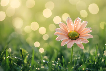 a Romantic and elegant artistic scene featuring a beautiful pink daisy in a summer morning, with dew on the grass in close-up.