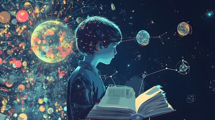 Boy Reading a Book with a Cosmic Background