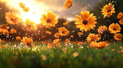 Poster - Yellow Daisies Falling in the Grass with Water Droplets and Sunset