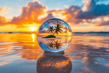 A transparent water orb with a small tropical island, reflecting soft pastel clouds and the bright orange sun on a warm, sandy beach