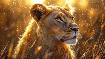 Sticker - Majestic Lion Portrait in Golden Light with Rain