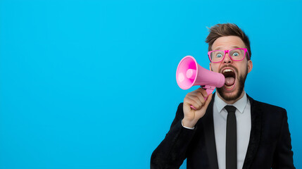 Funny caucasian man hold pink megaphone and scream. Person speak into loudspeaker on solid background. Creative idea. Banner with copy space for business and sale concept