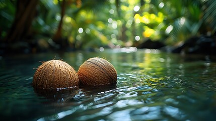 Coconuts floating a natural spring in a tropical rainforest with birds and wildlife all around evoking a sense of untouched nature and serenity Scientific name Cocos nucifera