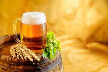 Wall Mural - Glass with fresh cold beer on old wooden barrel with green ripe hop cones on blurred background. Oktoberfest, St Patrick Day. Craft brewery concept