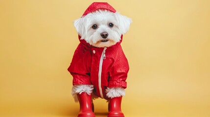 Adorable White Dog in Red Raincoat and Boots on Pastel Yellow Background - Cute Pet Fashion