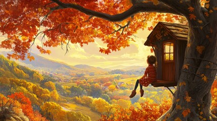 Wall Mural - A Girl Sitting in a Treehouse Overlooking Autumnal Landscape