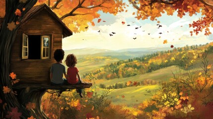 Wall Mural - Two People Sitting in a Treehouse Overlooking Autumn Foliage