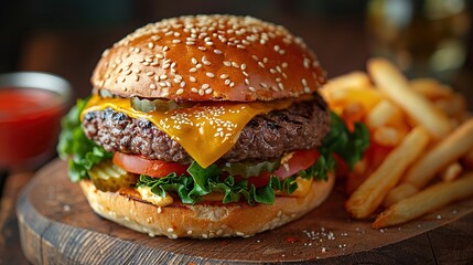 Wall Mural - Close-up of a juicy cheeseburger and fries