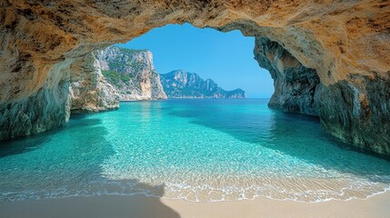 Wall Mural - Stunning Sea Cave View with Clear Blue Water and Sandy Beach