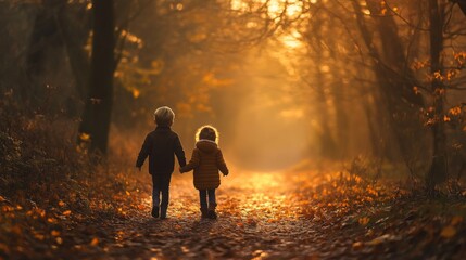 Wall Mural - Two Children Walking Through a Golden Autumn Forest