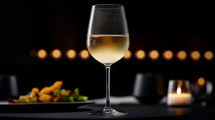 White Wine and Candlelight: A chilled glass of white wine glistens in the warm glow of candlelight, inviting a sense of intimacy and sophistication.  The perfect accompaniment to a romantic evening.