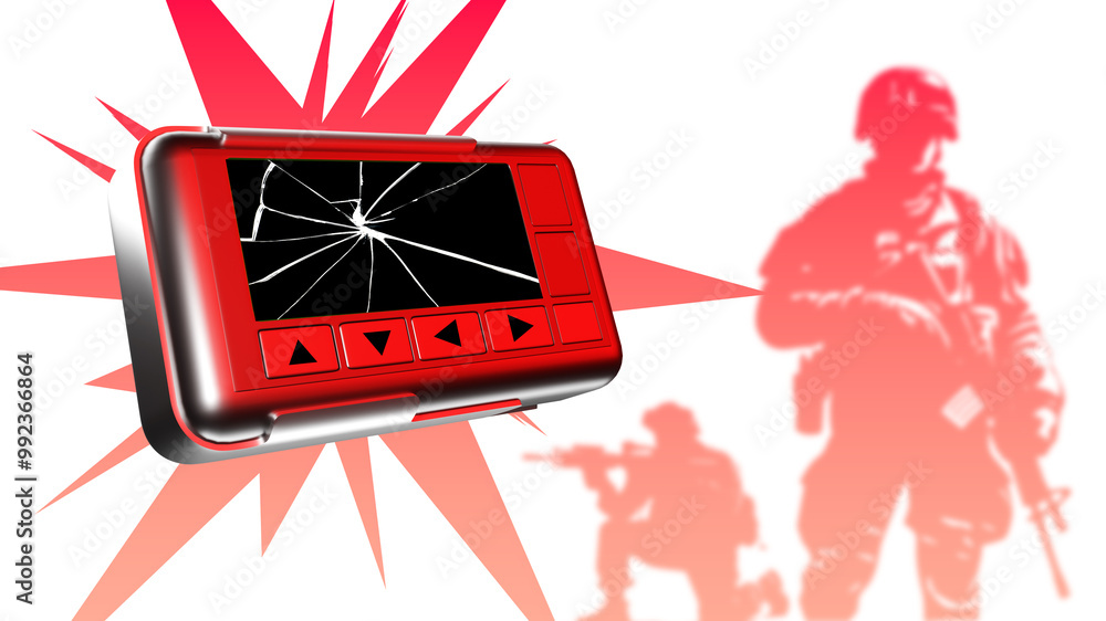 Ilustração Broken pager. Silhouette soldiers. Hacker attack on army ...