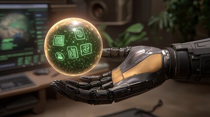 Robotic Hand Holding Holographic Globe With Digital Icons