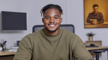 Smiling Black Man With Dreadlocks Sitting at a Desk in a Modern Office