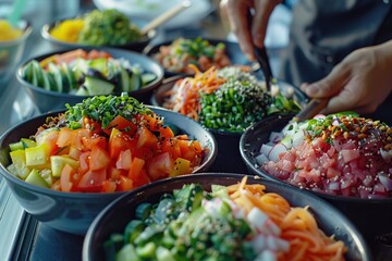 Wall Mural - Delicious Poke Bowls with Fresh Ingredients