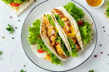 Wall Mural - Crispy chicken wraps with lettuce, melted Mozzarella, yellow or honey sauce, tortilla wrap with chicken and vegetables on white plate on white background, top view, overhead view 