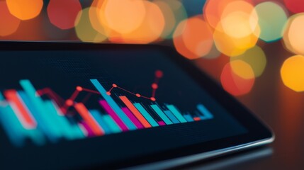 Digital Transactions Concept with Colorful Bar Graphs on Tablet Screen and Bokeh Background