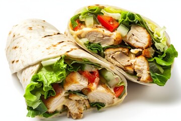 Wall Mural - Crispy chicken wrap with lettuce, melted Mozzarella, yellow or honey sauce, tortilla wrap with chicken and vegetables 