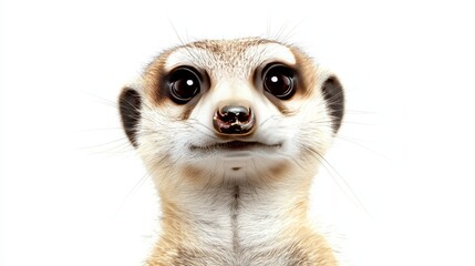 Close-Up Portrait of a Cute Meerkat on a White Background with Big Eyes and Curious Expression