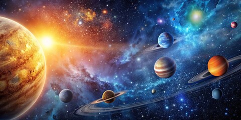 Wall Mural - a cosmic symphony of celestial bodies dancing in a swirling expanse of stardust and nebulae, illumin