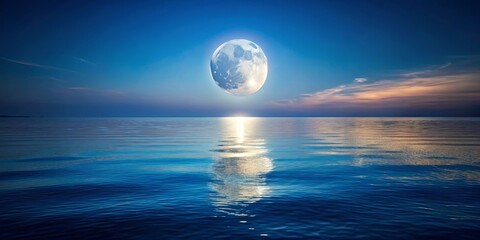 a full moon hangs low over a calm, blue ocean, its reflection shimmering on the water's surface, cre