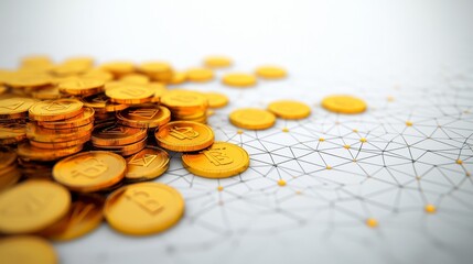 Digital Transactions Concept with Bitcoin Coins on Network Background Representing Cryptocurrency and Blockchain Technology