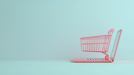 Online Shopping Concept with Shopping Cart on Laptop Against Pastel Background