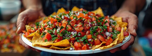 Wall Mural - Close Up of Hands Holding a Plate of Nachos