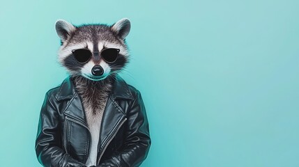 Wall Mural - Stylish Raccoon Wearing Leather Jacket and Sunglasses on Pastel Blue Background - Trendy Animal Fashion Concept