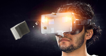 Wall Mural - Man wearing virtual reality goggles