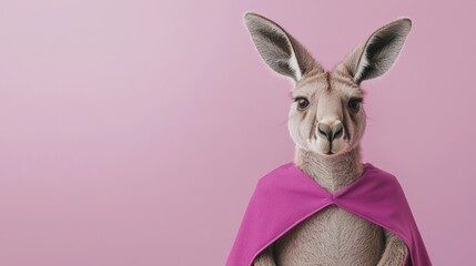 Wall Mural - Kangaroo Wearing Pink Cape on Pastel Background - Adorable Animal Fashion Concept for Stock Photography