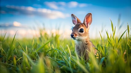 A tiny rabbit peeks out from a lush meadow, its brown fur blending with the verdant grass, under a sky filled with soft, fluffy clouds.