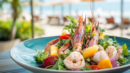 Maracuja fruit salad grilled shrimp fresh herbs served colorful beachfront caf ocean waves sun umbrellas softly blurred background promoting balanced and healthy meal Scientific name Passiflora edulis