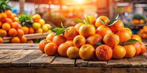 Wall Mural - A heap of juicy oranges with green leaves on a rustic wooden table, illuminated by warm sunlight