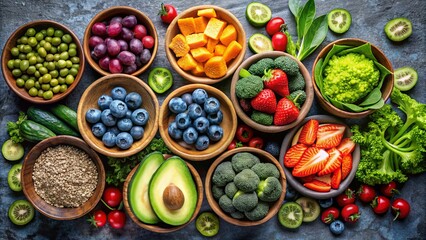 Wall Mural - A colorful array of fresh produce, showcasing a vibrant mix of fruits, vegetables, and seeds,  arranged in wooden bowls on a rustic backdrop,  representing a healthy and balanced diet.