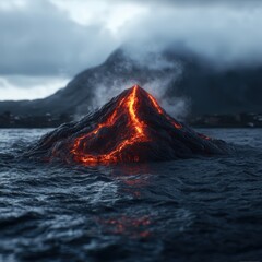 Canvas Print - Erupting Volcano in Stormy Seas