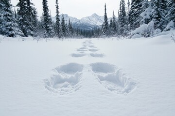 Poster - Snowy winter landscape with footprints in the snow