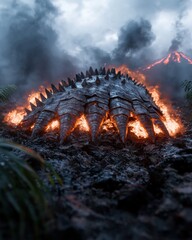 Poster - Fiery volcanic eruption with spiny creature