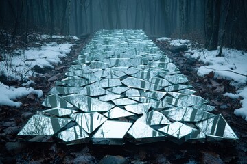 Canvas Print - Cracked icy path in snowy forest